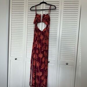 Anthropology Red and Orange Palm Print Maxi Dress